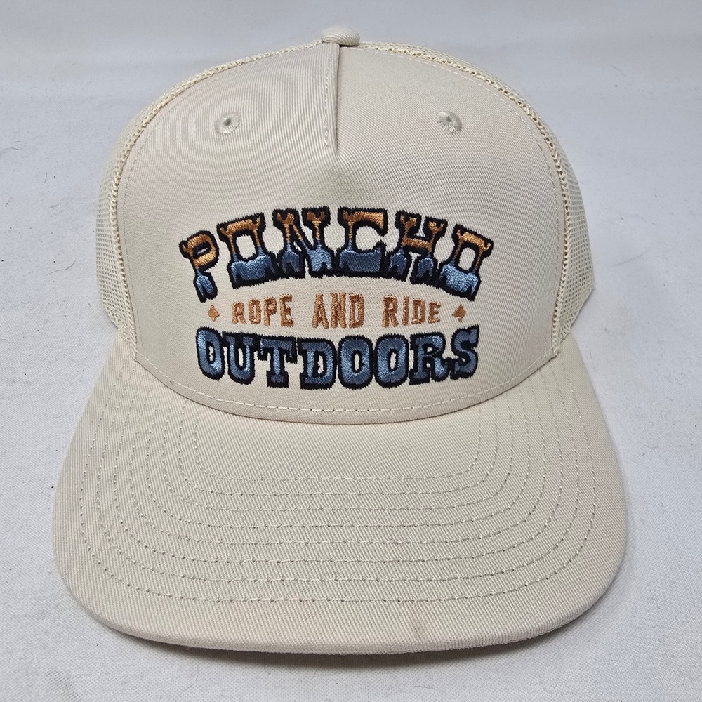 Poncho Outdoors Trucker Hat Mens Tan Rope and Ride Embroidered Snapback